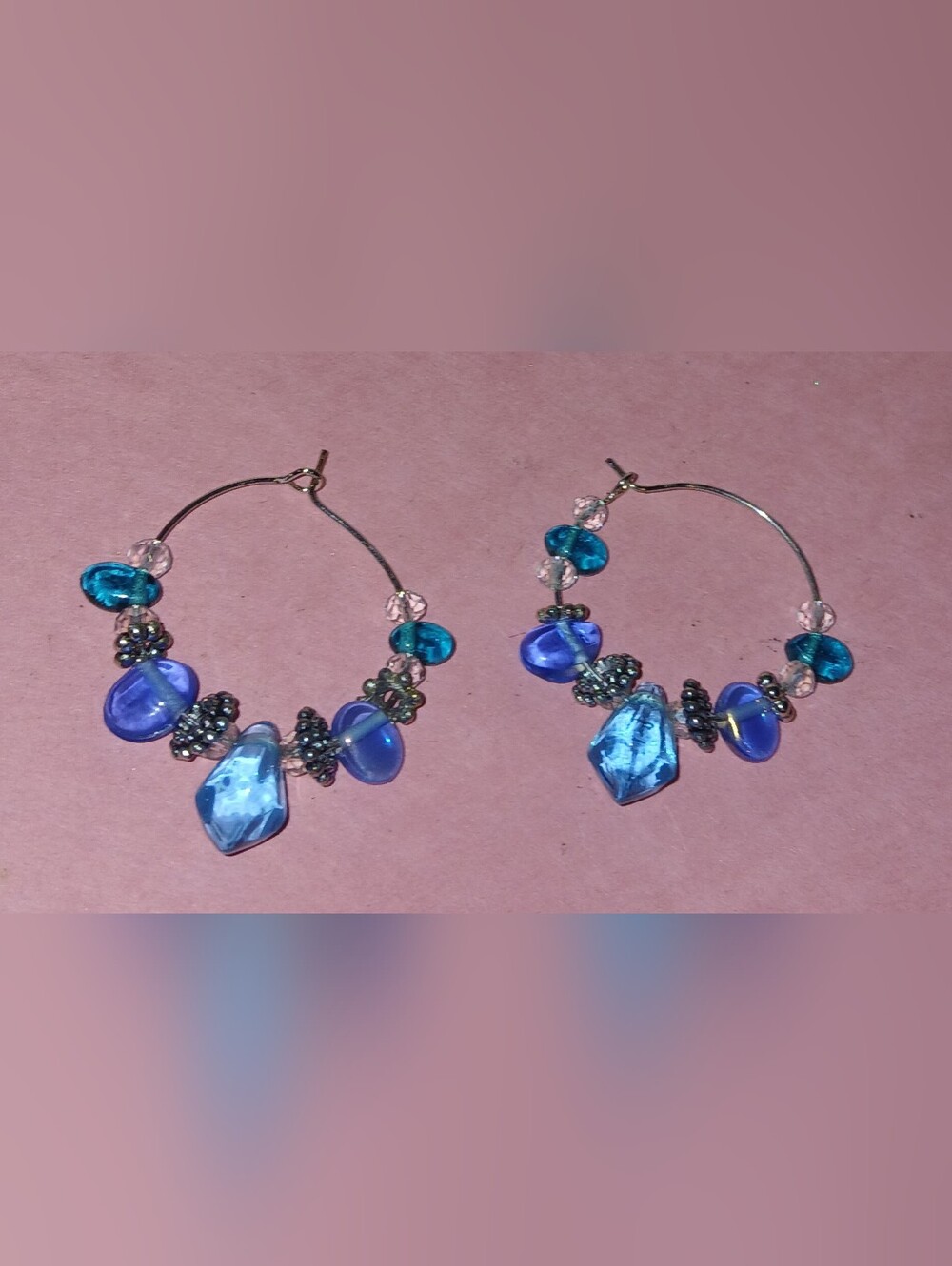 Hand Craftrd Blue Beaded Hoop Earrings
